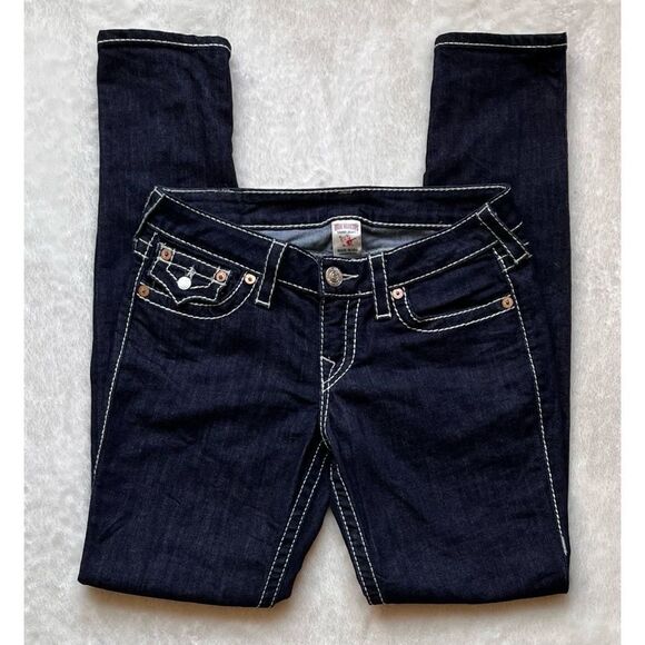 True Religion Big T Mid Rise with Flaps Skinny Jeans in Dark Blue Wash, Size 29 - Picture 4 of 13